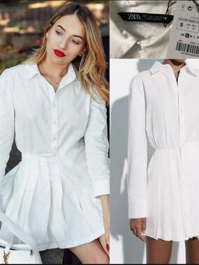 Zara White Pleated Shirt Mini Dress